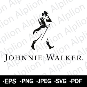 Puede incluir: Logotipo en blanco y negro de Johnnie Walker con un hombre con sombrero de copa y frac caminando con un bastón. El texto "JOHNNIE WALKER" está debajo de la imagen.