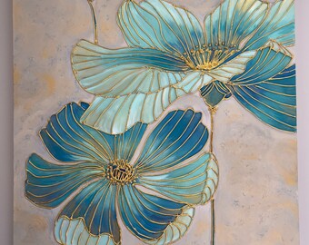 Original hand painted flower painting gold and teal 3D art acrylic painting luxury wall art