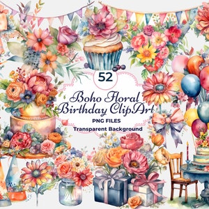Boho Floral Birthday Clipart, Watercolor Birthday Clipart, Floral Party Clipart, Boho Birthday Clipart, Watercolor Birthday Cake Clipart