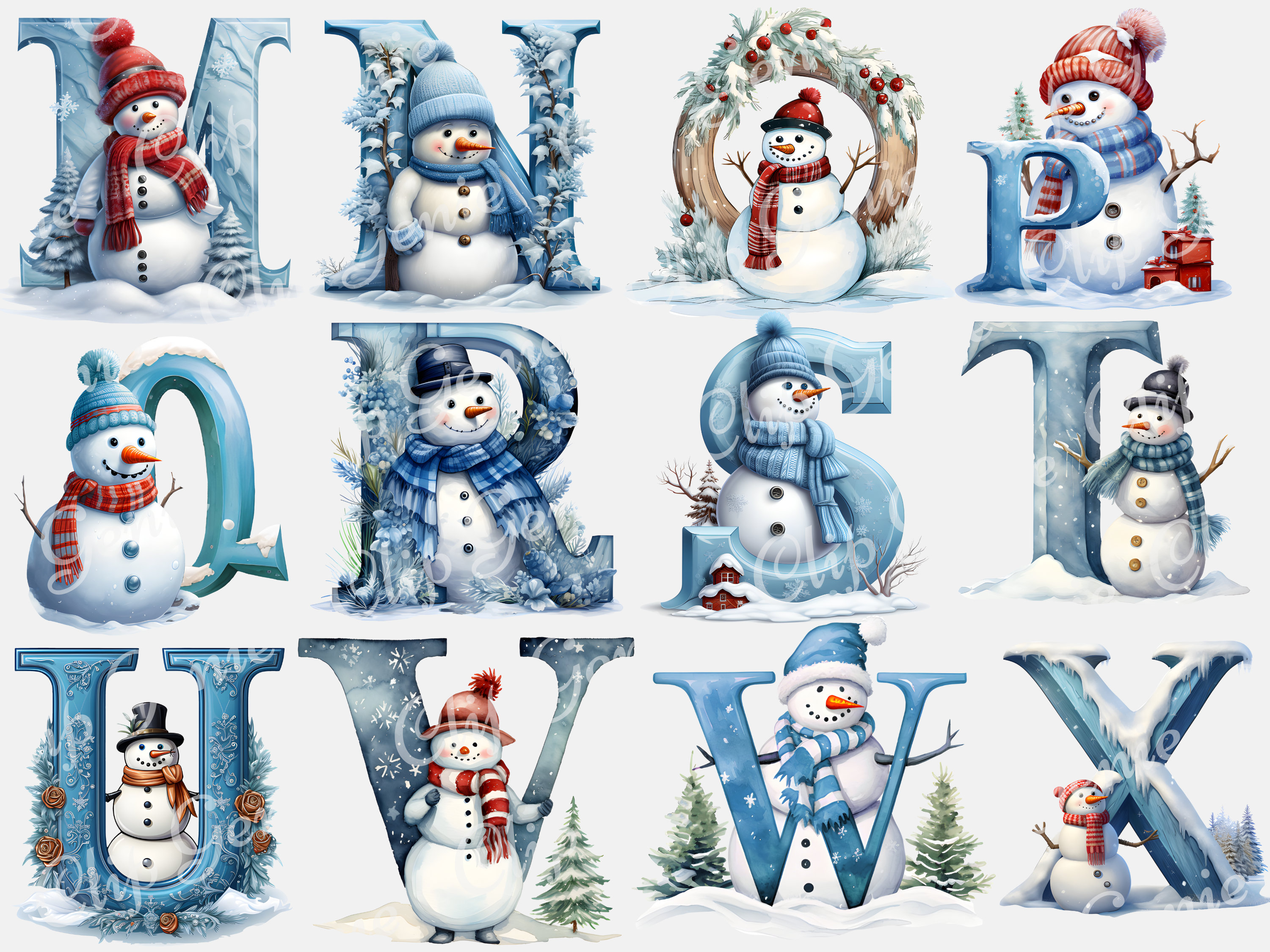Snowman Alphabet Clipart, Snowman Letters and Numbers PNG, Holiday