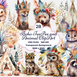 Puede incluir: Ilustración en acuarela con varios animales, incluyendo un erizo, un zorro, un oso, un conejo, un lobo, un búho y un mapache, adornados con plumas y elementos florales. La imagen también incluye tipis y follaje, con el texto "Boho TeePee and Animal Clip Art".