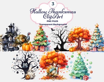 Hallo Thanksmas Clipart, Halloween, Thanksgiving, Christmas Bundles, Holiday Sublimation, Digital Download