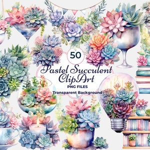 Clipart de suculentas pastel, clipart de suculentas pastel sonhadoras, suculentas em aquarela, clipart de plantas de casa, clipart de plantas cottagecore