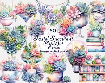 Pastel Succulent Clipart, Dreamy Pastel Succulents Clipart, Watercolor Succulents, House Plant Clipart, Cottagecore Plants Clipart