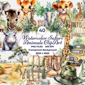Watercolor Safari Animals Clipart, Animal Clipart, Sublimation, Baby Safari Animals, Nursery Clipart, Elephant, Hippo, Lion, Tiger, Giraffe