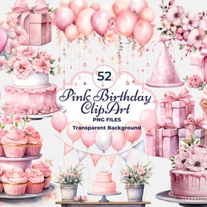 Pink Birthday Clipart, Watercolor Birthday PNG, Pink Balloons, Pink Cake, Floral Birthday, Pastel Pink, Sublimation