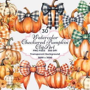 Clipart di zucca a scacchi acquerellata, PNG di zucca a scacchi, zucche autunnali, zucche decorative, stampa a sublimazione di zucche