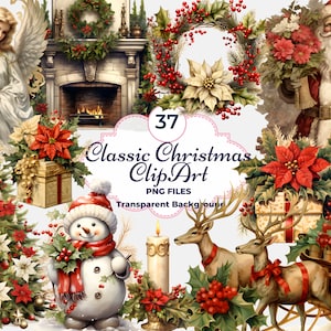 Clipart clássico de Natal, PNG de Natal vintage, Poinsétias e azevinhos, Sublimação de feriado