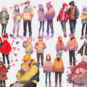 May include: A collection of illustrations of couples wearing winter clothing and hats. The couples are in various poses, some are holding hands, some are hugging, and some are looking at each other. The illustrations are in a cartoon style and are set against a white background. There are pink hearts scattered throughout the image.