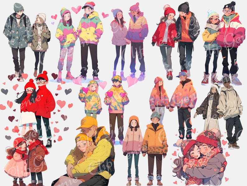 May include: A collection of illustrations of couples wearing winter clothing and hats. The couples are in various poses, some are holding hands, some are hugging, and some are looking at each other. The illustrations are in a cartoon style and are set against a white background. There are pink hearts scattered throughout the image.