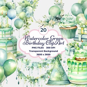 Grüner Geburtstag Clipart, Aquarell Geburtstag PNG, grüne Luftballons, grüner Kuchen, Kleinkind Geburtstag, 1 Jahr alt, 2 Jahre alt, 3 Jahre alt, 4 Jahre alt