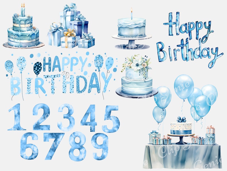 Blue Birthday Clipart, Watercolor Birthday PNG, Blue Balloons, Blue Cake, Floral Birthday, Sublimation, Cards, Scrapbooking image 3