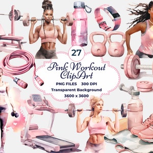 Clipart allenamento rosa, acquerello fitness PNG, attrezzatura palestra PNG, clipart allenamento CrossFit, illustrazione fitness, sublimazione, palestra PNG