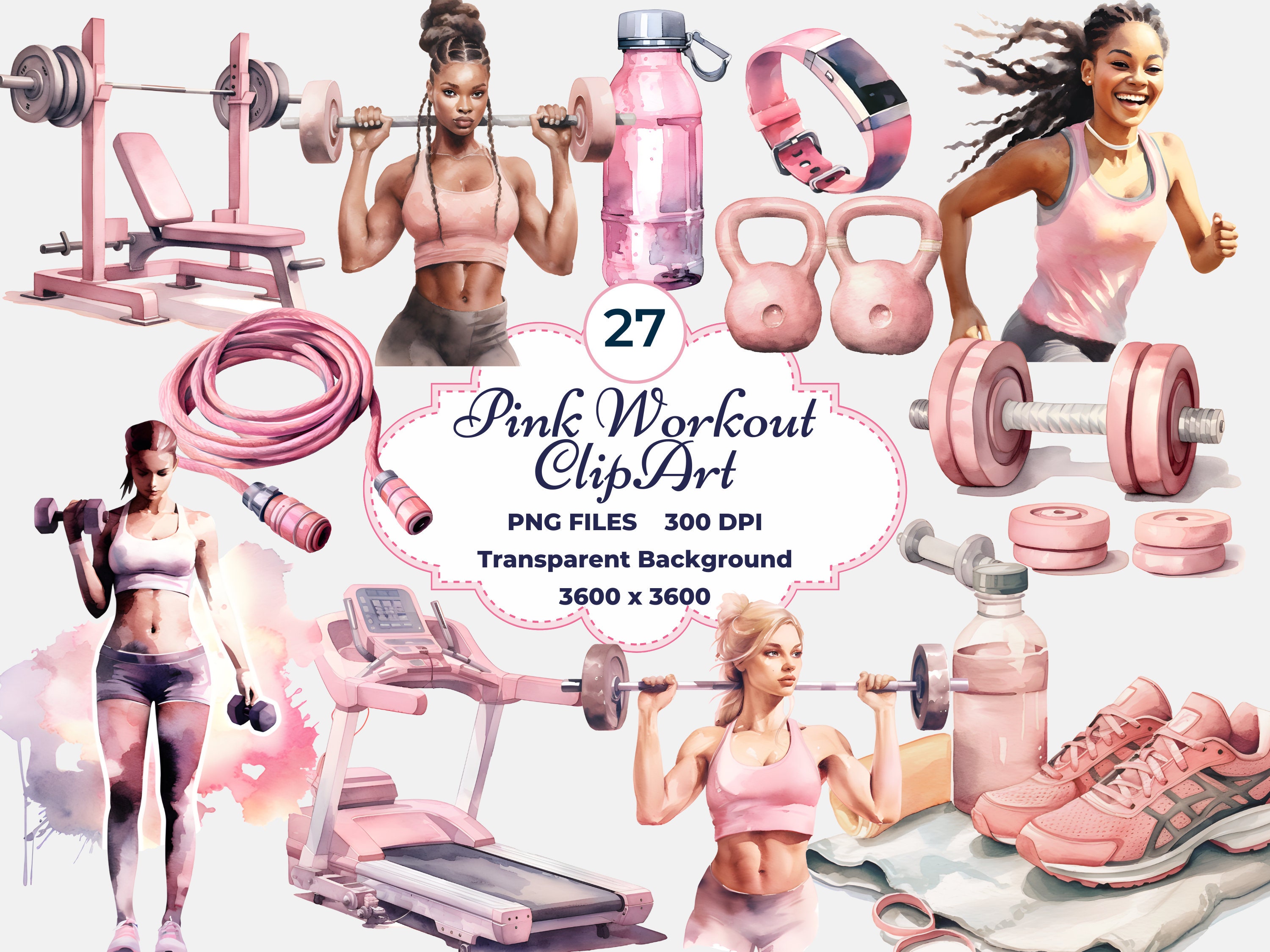 Pink Workout Clipart, Watercolor Fitness PNG, Gym Equipment PNG, Crossfit  Workout Clipart, Fitness Illustration, Sublimation, Gym PNG 