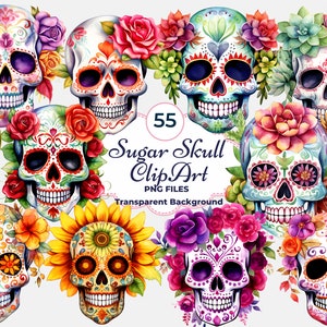 Bundle de cliparts tête de mort en sucre, Clipart le jour des morts, sublimation, Clipart tête de mort en sucre mexicain, PNG transparent pour POD commercial