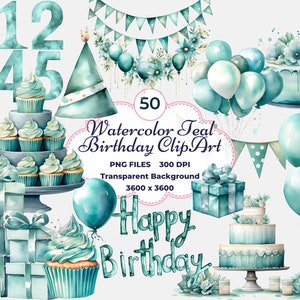 Teal Geburtstag Clipart, Aquarell Geburtstag PNG, Teal Ballons, Teal Kuchen, Blumen Geburtstag, Sublimation, Karten, Scrapbooking