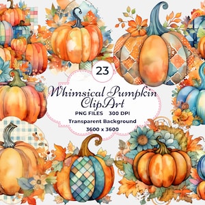 Puede incluir: Un conjunto de 23 imágenes de clip art de calabaza en acuarela. Las calabazas son de varios colores, incluyendo naranja, azul y verde. Algunas calabazas tienen un diseño de patchwork. Las calabazas están rodeadas de hojas y flores.
