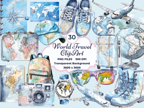 Watercolor Travel Clip Art, Watercolor summer Suitcases and Bags By Old  Continent Design