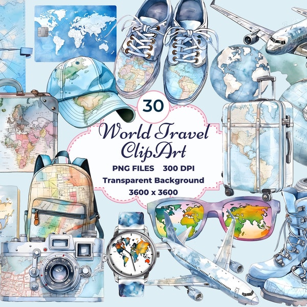 World Travel Clipart, Travel the World, Travel Lover Clipart, Vacation Clipart, Summer Travel Clipart, Planner PNG, Adventure PNG, Map PNG