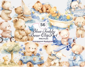 Blue Bear Clipart, Baby Bear PNG, Baby Shower, Baby Blue Nursery Decor, Teddy Bear Set, Baby Bear PNG Sublimation