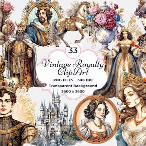 Clipart de realeza vintage, família real medieval PNG, princesa, príncipe, rainha, rei, castelo, realeza medieval, sublimação