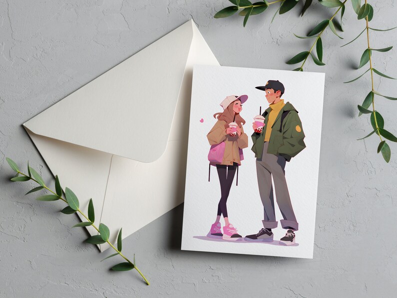 May include: A greeting card with an illustration of two people standing and holding beverages. The woman is wearing a pink hat, a brown jacket, and black pants. The man is wearing a green jacket, a black cap, and gray pants. Both people are smiling and looking at each other.