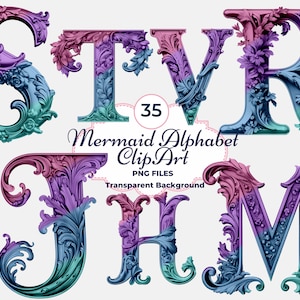 Sirène Alphabet Clipart, Chiffres PNG, Sublimation