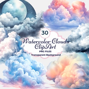 Clipart di nuvole ad acquerello, nuvole estive PNG, nuvole al tramonto, nuvole di pioggia, nuvole notturne, sublimazione