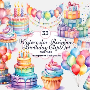Clipart de aniversário de arco-íris em aquarela, PNG de aniversário de arco-íris, bolo de arco-íris, balões, presentes, guirlanda, sublimação