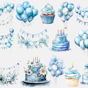 Blue Birthday Clipart, Watercolor Birthday PNG, Blue Balloons, Blue Cake, Floral Birthday, Sublimation, Cards, Scrapbooking image 4