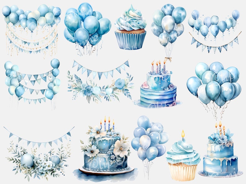 Blue Birthday Clipart, Watercolor Birthday PNG, Blue Balloons, Blue Cake, Floral Birthday, Sublimation, Cards, Scrapbooking image 4