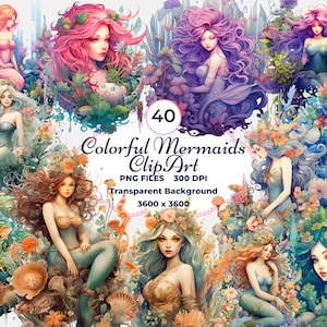 Clipart de sirènes colorées, aquarelle de sirènes des cliparts, des cliparts de sirènes magiques, enchanteur des cliparts de sirènes, des cliparts de sirènes fantastiques