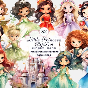 Clipart de princesinha, Clipart de princesa aquarela, Decoração de berçário PNG, Princesa bebê PNG, Sublimação, Aniversário de princesa, Princesa criança
