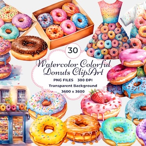 Colorful Donut Clipart, Watercolor Donuts PNG, Dessert PNG, Sweet Bakery Clipart, Sublimation, Delicious Donut Clipart, Donut PNG