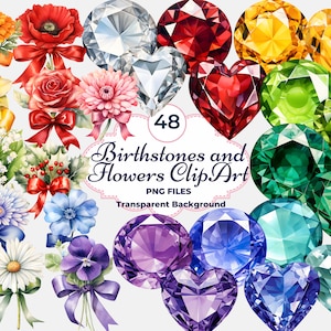 Geboortestenen en bloemen clipart, geboortesteen edelstenen PNG, geboortebloemen PNG, verjaardagsbloemen, edelstenen, sublimatie