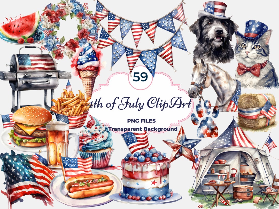 4th of July Watercolor Clipart Bundle, Patriotic PNG Graphics ...