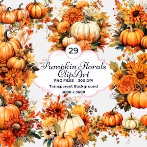 Pumpkin Florals Clipart, Fall Floral Pumpkins PNG, Autumn Pumpkins PNG, Holiday Pumpkins, Pumpkin Decor Clipart, Sublimation