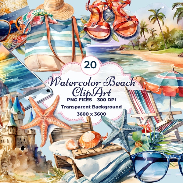 Watercolor Beach Clipart, Watercolor Summer Beach Clipart, Watercolor Beach Vacation Clipart, Watercolor Beach Items Clipart, Beach Trip PNG