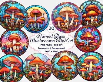 Stained Glass Mushrooms Clipart, Mushroom PNG, Stained Glass Nature, Sublimation