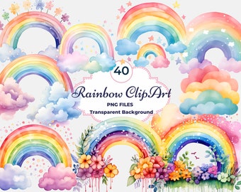 Watercolor Rainbow Clipart, Cute Rainbow PNG, Floral Rainbows, Children Decor, Baby Shower, Birthday, Sublimation