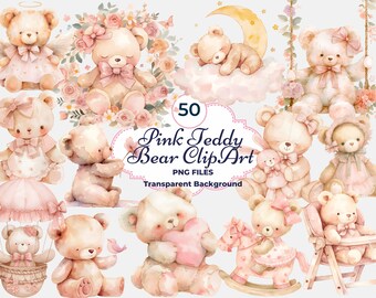 Pink Bear Clipart, Pink Bear PNG, Nursery Bear Clipart, Pink Baby Shower PNG, Sublimation