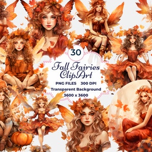 Clipart de fadas de outono, PNG de outono mágico, fadas de outono, outono caprichoso, fada de outono laranja, outono encantado, sublimação, uso comercial