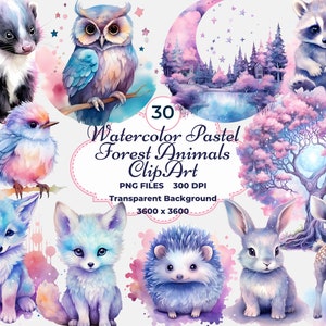 Clipart de animais da floresta em aquarela pastel, PNG de animais da floresta, decoração de berçário, sublimação de animais da floresta, coruja, veado, coelho, lobo, floresta png
