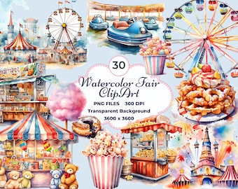 Watercolor Fair Clipart, Summer Carnival PNG, Popcorn, Cotton Candy, Funnel Cake, Ferris Wheel, Carnival Stalls, Sublimation PNG