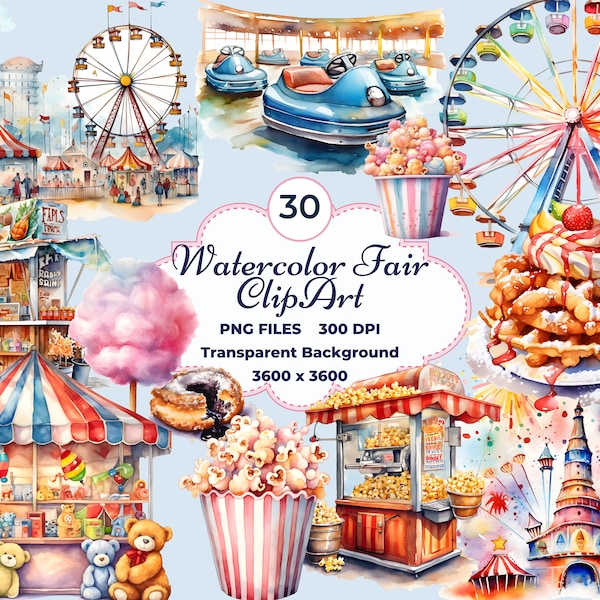 Clipart foire aquarelle, carnaval d'été PNG, maïs soufflé, barbe à papa, gâteau en entonnoir, grande roue, étals de carnaval, sublimation PNG