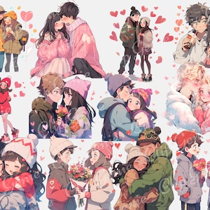 May include: A collection of 10 illustrations of couples in winter clothing. The couples are shown in various poses, including hugging, holding hands, and looking at each other. The illustrations are done in a cartoon style with bright colors and soft lines. The illustrations are set against a white background with pink hearts scattered throughout.