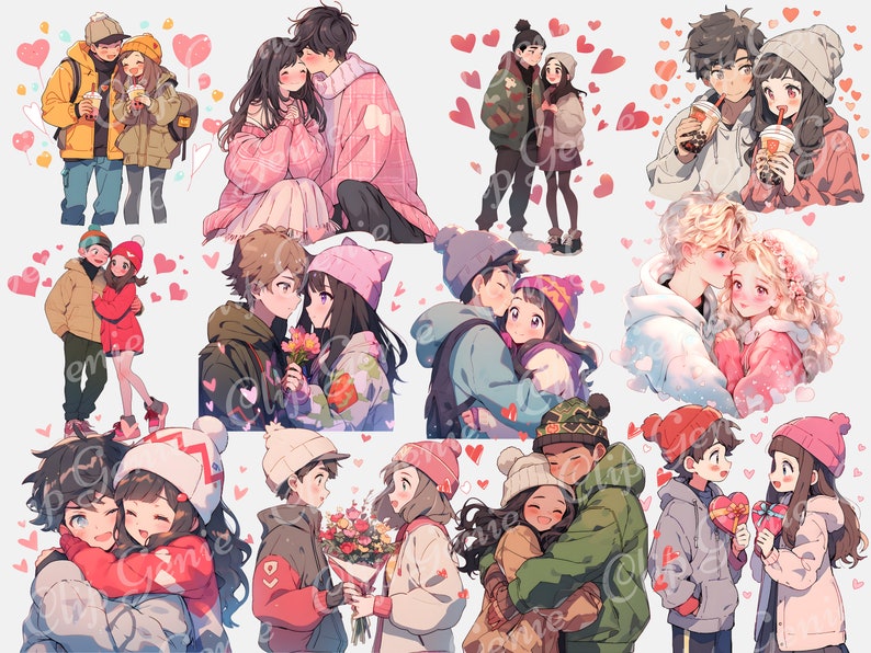 May include: A collection of 10 illustrations of couples in winter clothing. The couples are shown in various poses, including hugging, holding hands, and looking at each other. The illustrations are done in a cartoon style with bright colors and soft lines. The illustrations are set against a white background with pink hearts scattered throughout.