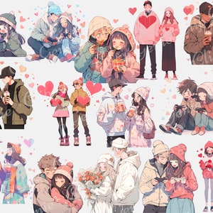 May include: A collection of digital illustrations of couples in various poses and settings. The couples are wearing winter clothing and are engaged in activities such as drinking coffee, playing video games, eating noodles, and holding hands. The illustrations are set against a light blue background with pink hearts scattered throughout.