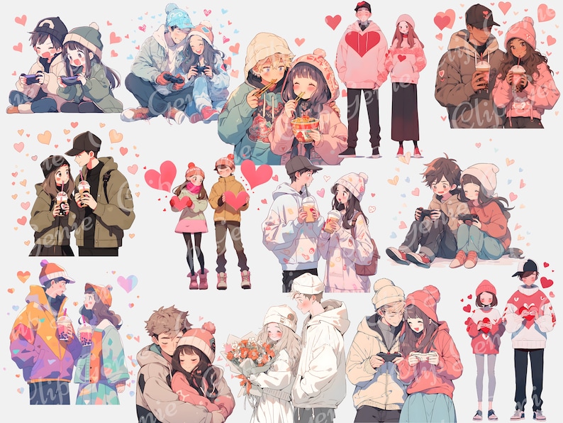 May include: A collection of digital illustrations of couples in various poses and settings. The couples are wearing winter clothing and are engaged in activities such as drinking coffee, playing video games, eating noodles, and holding hands. The illustrations are set against a light blue background with pink hearts scattered throughout.
