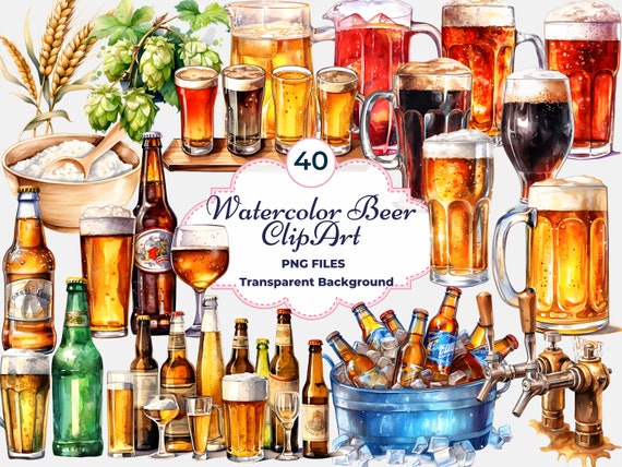 Watercolor Beer Clipart, 40 PNG Files (Digital Download)